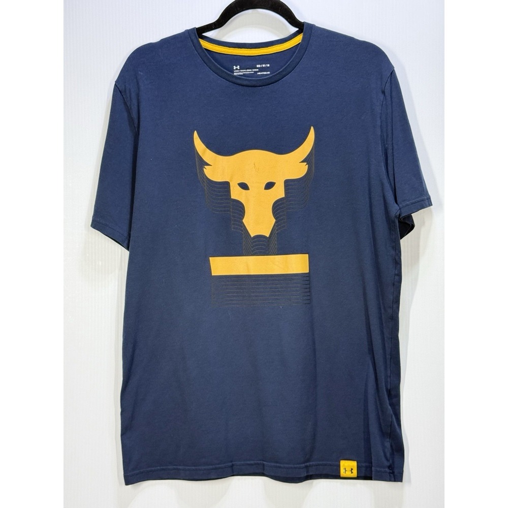 Under Armour Project Rock Tee Shirt Mens Medium Blue Yellow Heatgear Gym Workout